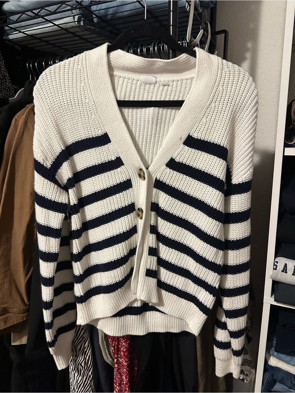 GAP White & Navy Striped V-Neck Button Cardigan
